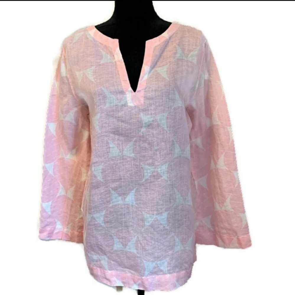 Island company pink linen palm leaf tunic top
